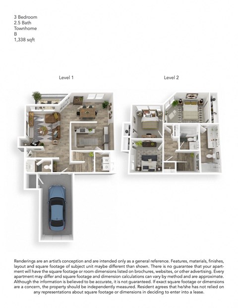 Floor plan for 3 beds, 2.5 baths, 1338 sqft